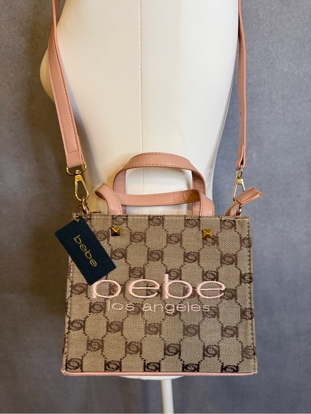 NWT Bebe Los Angeles Mini Monogram Tote Crossbody Bag Pink Canvas Logo
